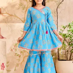 BAESD Girls Floral Printed Pleated Gotta Patti Pure Cotton A-Line Kurti With Sharara-image-53