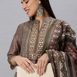 SHOWOFF Olive Green & Grey Ethnic Motifs Printed Gotta Patti Kurta with Trousers & Dupatta-picture-9