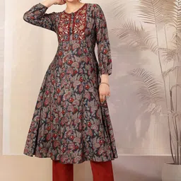 Nayam By Lakshita Floral Printed Thread Work A-Line Kurta With Trousers-picture-12