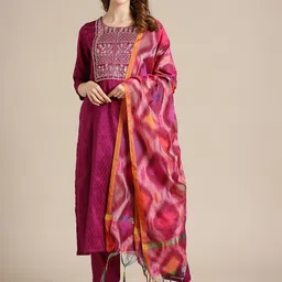 KALINI Ethnic Motifs Yoke Design Regular Thread Work Kurta with Trousers & Dupatta-12