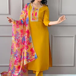 KALINI Ethnic Motifs Yoke Design Thread Work Straight Kurta with Trousers & With Dupatta-19