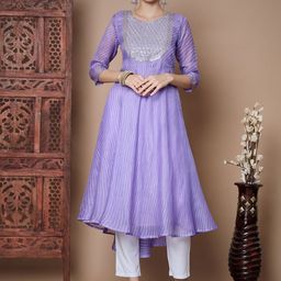 KALINI Floral Embroidered Sequinned Anarkali Kurta & Trousers With Dupatta-image-75