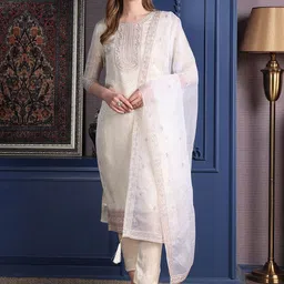 KALINI Bandhani Woven Design Zari Straight Kurta With Trousers And Dupatta-image-32