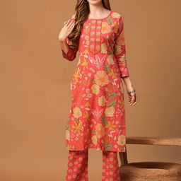 FASHOR Floral Printed Round Neck Sequinned Pure Cotton Kurta with Trousers-picture-45