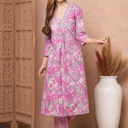 FASHOR Floral Printed Pleated Pure Cotton A-Line Kurta With Trouser-picture-1