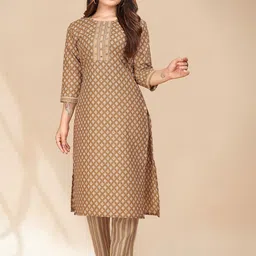 Anouk Brown Floral Printed Regular Mirror Work Pure Cotton Kurta & Trousers-image-47
