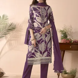Anouk Floral Printed Thread Work Pure Cotton Straight Kurta With Trousers & Dupatta-8