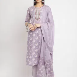 Rajnandini Women Purple Floral Printed Thread Work Pure Cotton Kurta with Trousers & With Dupatta-43