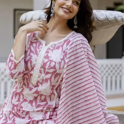 Anouk Pink Floral Printed Straight Thread Work Pure Cotton Kurta with Trousers & Dupatta-46