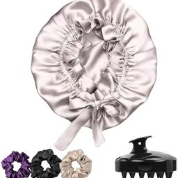 Silk Satin Hair Bonnet with Scalp Massager, Shampoo Brush & 3 Scrunchies-image-78