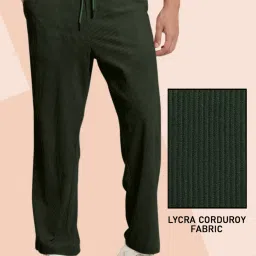 Men Relaxed Dark Green Corduroy Trousers-image-81