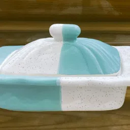 White Aqua Ceramic Rectangle Shape Storage Container Butter Ghee Cheez - 400 ml Butter Dish Serving Set-picture-14