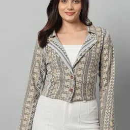 BROOWL Printed Tailored-Fit Crop Casual Blazer-30