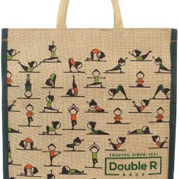 Big Eco reusable yoga print jute cloth Carry lunch tiffin bag with zip Reinforced Handle for men women (pack of 1) Size Medium Lunch Bag-image-44
