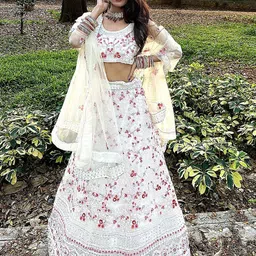 ODETTE White & Red Embroidered Semi-Stitched Lehenga & Unstitched Blouse With Dupatta-picture-7