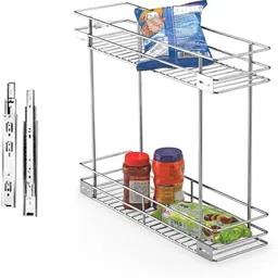 bloo basket Utensil Kitchen Rack Stainless Steel 2 Shelves Bottle Pullout Basket, Silver, 6X20X17-Inch Steel-picture-4