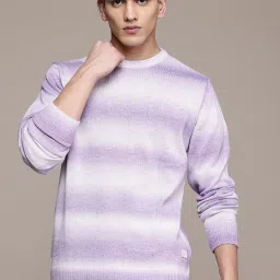 Men Self Design Round Neck Purple, White Sweater-image-27