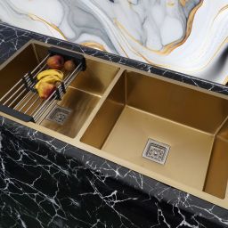 | 45" x 20" x 10" | PREMIUM HANDMADE KITCHEN SINK WITH WASTE COUPLING DOUBLE BOWL 304-GRADE Vessel Sink-image-65