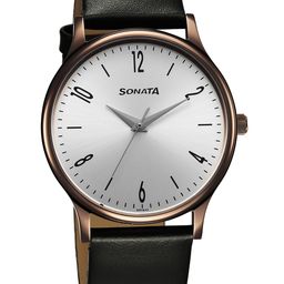 Sonata Men Brass Dial & Leather Straps Analogue Watch 77105QL03W-51