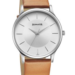 Sonata Men Brass Dial & Leather Straps Analogue Watch 77105SL16W-10