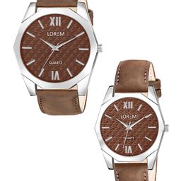 LOREM Unisex Brass Dial & Leather Straps Analogue Watch LR85-LR332-9