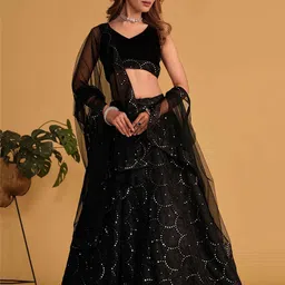 FABPIXEL Embroidered Sequinned Semi-Stitched Lehenga & Unstitched Blouse With Dupatta-3