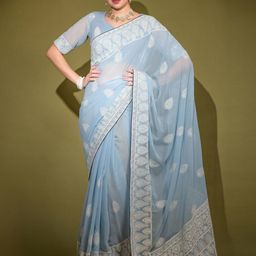 Anouk Grey & White Ethnic Motifs Embroidered Pure Georgette Saree-image-71
