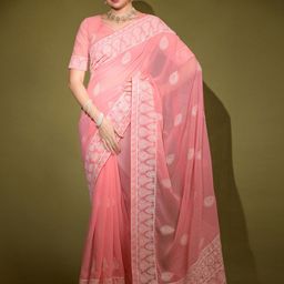 Anouk Pink & White Ethnic Motifs Embroidered Saree-image-91