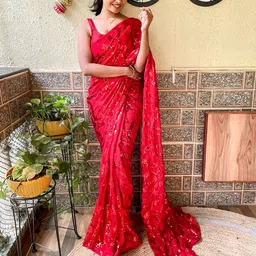 Mitera Red Sequinned Embellished Georgette Saree-24