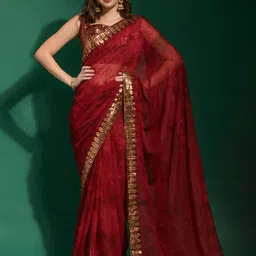Anouk Orange & Red Tie and Dye Sequinned Saree-image-3