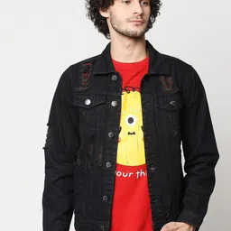 High Star Spread Collar Self Design Crop Denim Jacket-picture-24