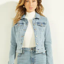 GUESS Women Washed Solid Crop Denim Jacket-25