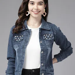 BAESD Studded Detailed Washed Crop Denim Jacket-image-56