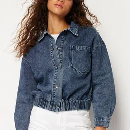 Trendyol Washed Spread Collar Long Sleeves Cotton Crop Denim Jacket-53