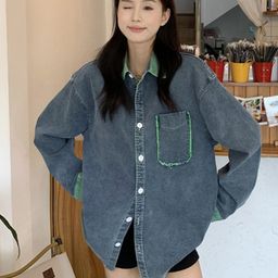 StyleCast x Revolte Blue Washed Spread Collar Longline Cotton Denim Jacket-image-24