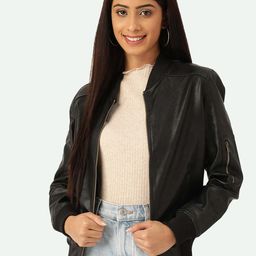 Leather Retail Women Black Outdoor Bomber Jacket-image-92