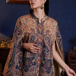 Zamour Abstract Printed Longline Jacquard Cape Jacket with Embroidered-8