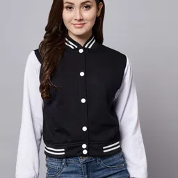 Funday Fashion Stand Collar Fleece Crop Varsity Jacket-image-49