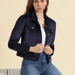 SHOWOFF Spread Collar Fleece Crop Denim Jacket-picture-0