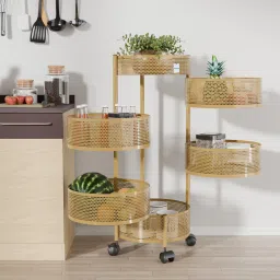 5+1 Layer Kitchen Metal Storage Rack with Wheels | Round Shape - Golden Iron Kitchen Trolley-image-31