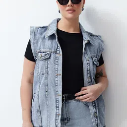 Trendyol Women Spread Collar Sleeveless Pure Cotton Denim Jacket-42