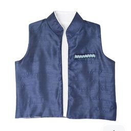 A Little Fable Boys Woven Mandarin Collar Slim-Fit Reversible Front-Open Waistcoat-image-49