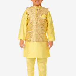 Pro-Ethic STYLE DEVELOPER Boys Solid Straight Silk Kurta with Pyjamas & With Nehru jacket-image-15