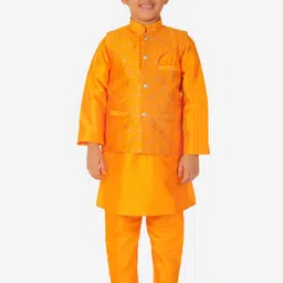 Pro-Ethic STYLE DEVELOPER Boys Orange Printed Pure Silk Kurta with Pyjamas & Jacket-19