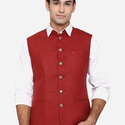 Greenfibre Men Red Solid Terry Wool Nehru Jacket-image-15