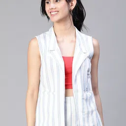 Oxolloxo Striped Notched Lapel Sleeveless Front Open Pure Cotton Waistcoat-picture-55