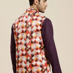 SOJANYA Men Off White & Rust Orange Printed Nehru Jacket image 3