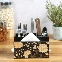reinvention factory Black Flower Multicolor MDF Cutlery and Tissue Holder-picture-2