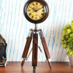 exim decor Tripod Stand Brown Wooden Analog Table Clock-picture-44