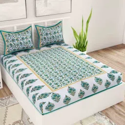 uniqchoice Green Traditional 120 TC 100% Cotton Queen Bedsheet With 2 Pillow Covers-picture-2